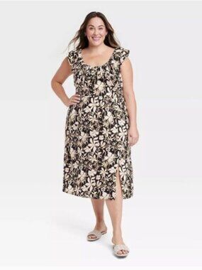 Ava & Viv Black Floral Ruffle Midi 2X NWT